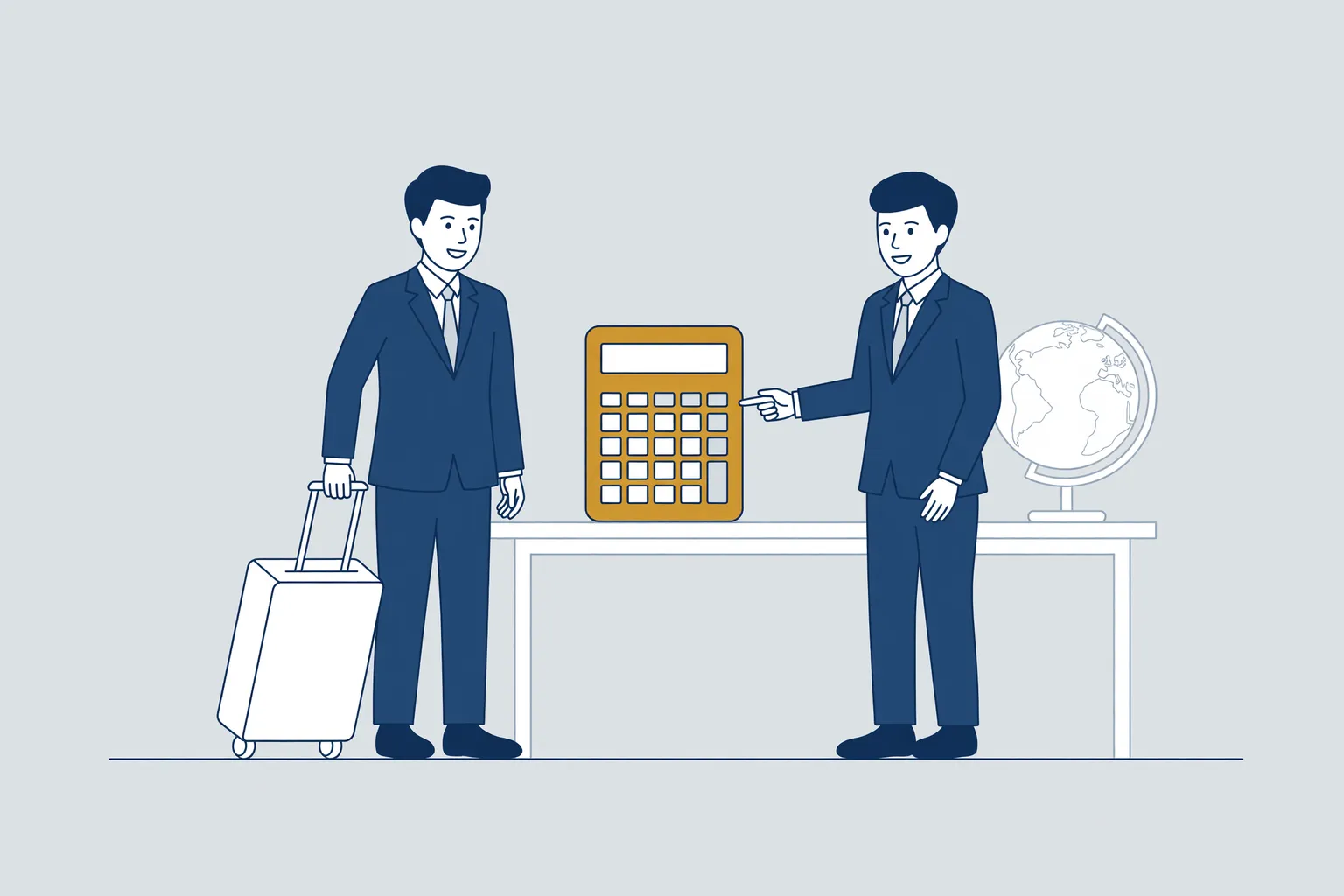 Illustration of an international employee with a suitcase and an employment lawyer next to a calculator and a globe.