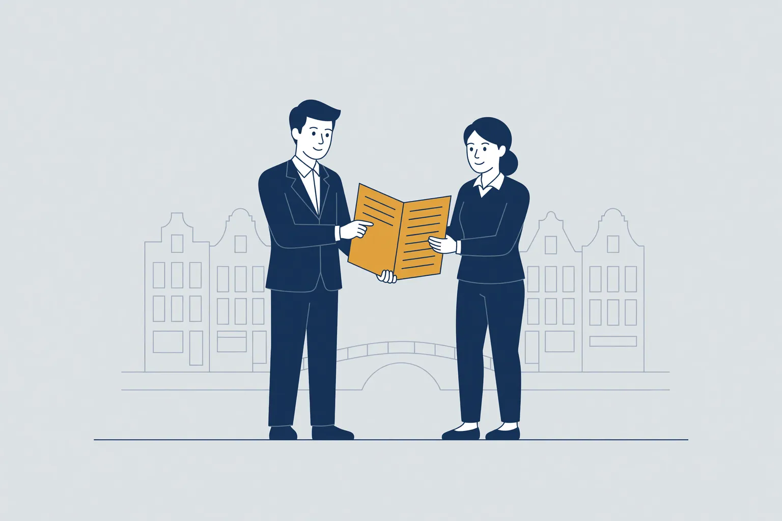 Illustratie van een arbeidsrechtadvocaat die met een werknemer een arbeidscontract doorneemt, met grachtenpanden in Amsterdam op de achtergrond.