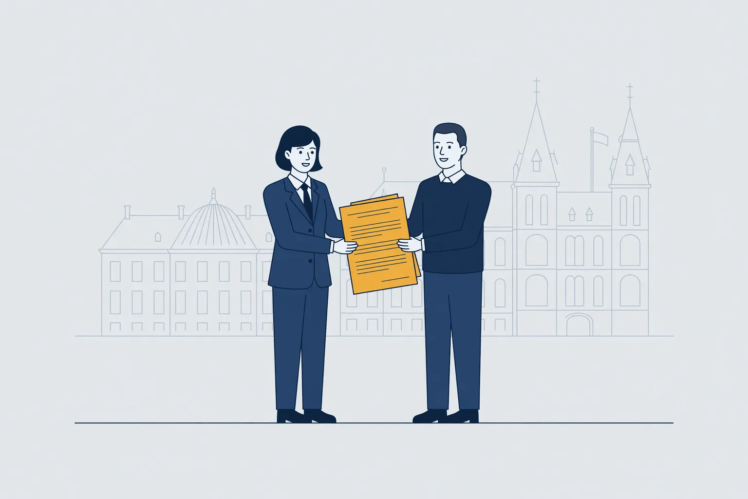 Illustratie van een arbeidsrechtadvocaat die met een werknemer een arbeidscontract doorneemt, met het Binnenhof in Den Haag op de achtergrond.
