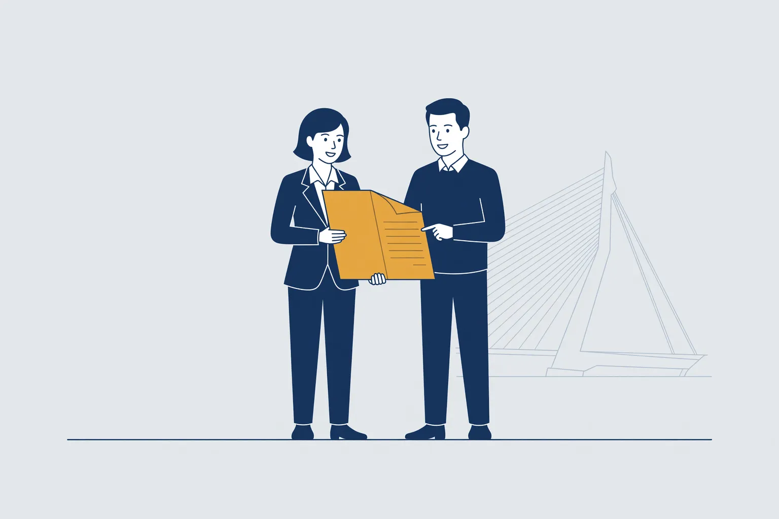 Illustratie van een arbeidsrechtadvocaat die met een werknemer een arbeidscontract doorneemt, met de Erasmusbrug in Rotterdam op de achtergrond.
