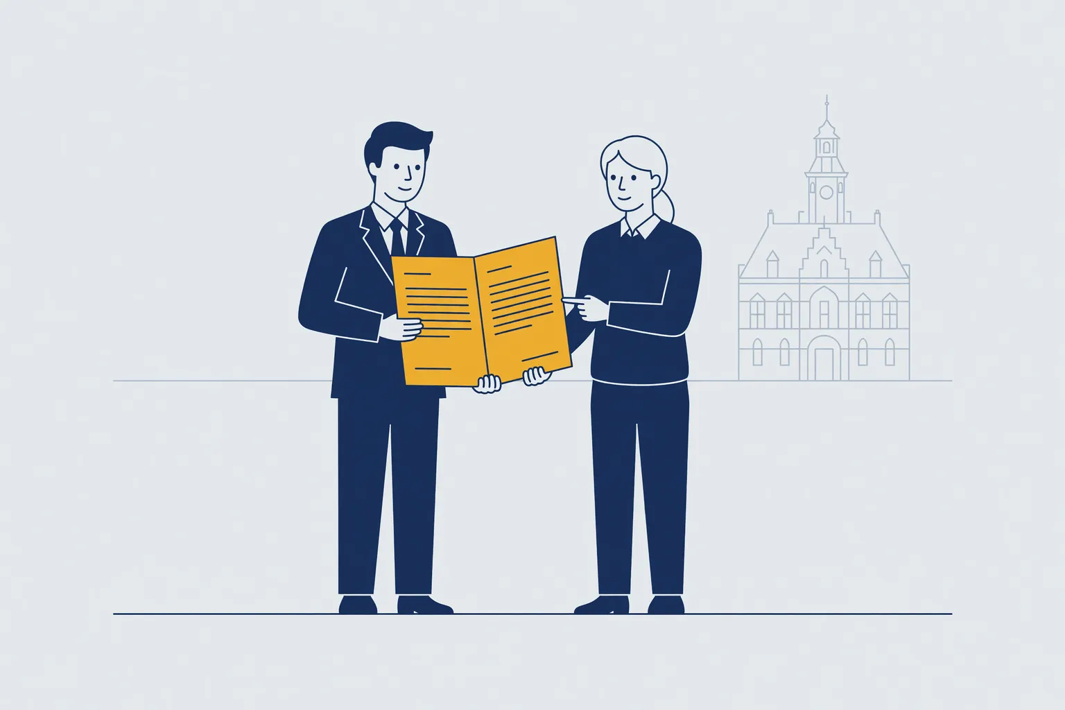 Illustratie van een arbeidsrechtadvocaat die met een werknemer een arbeidscontract doorneemt, met het Paleis-Raadhuis in Tilburg op de achtergrond.
