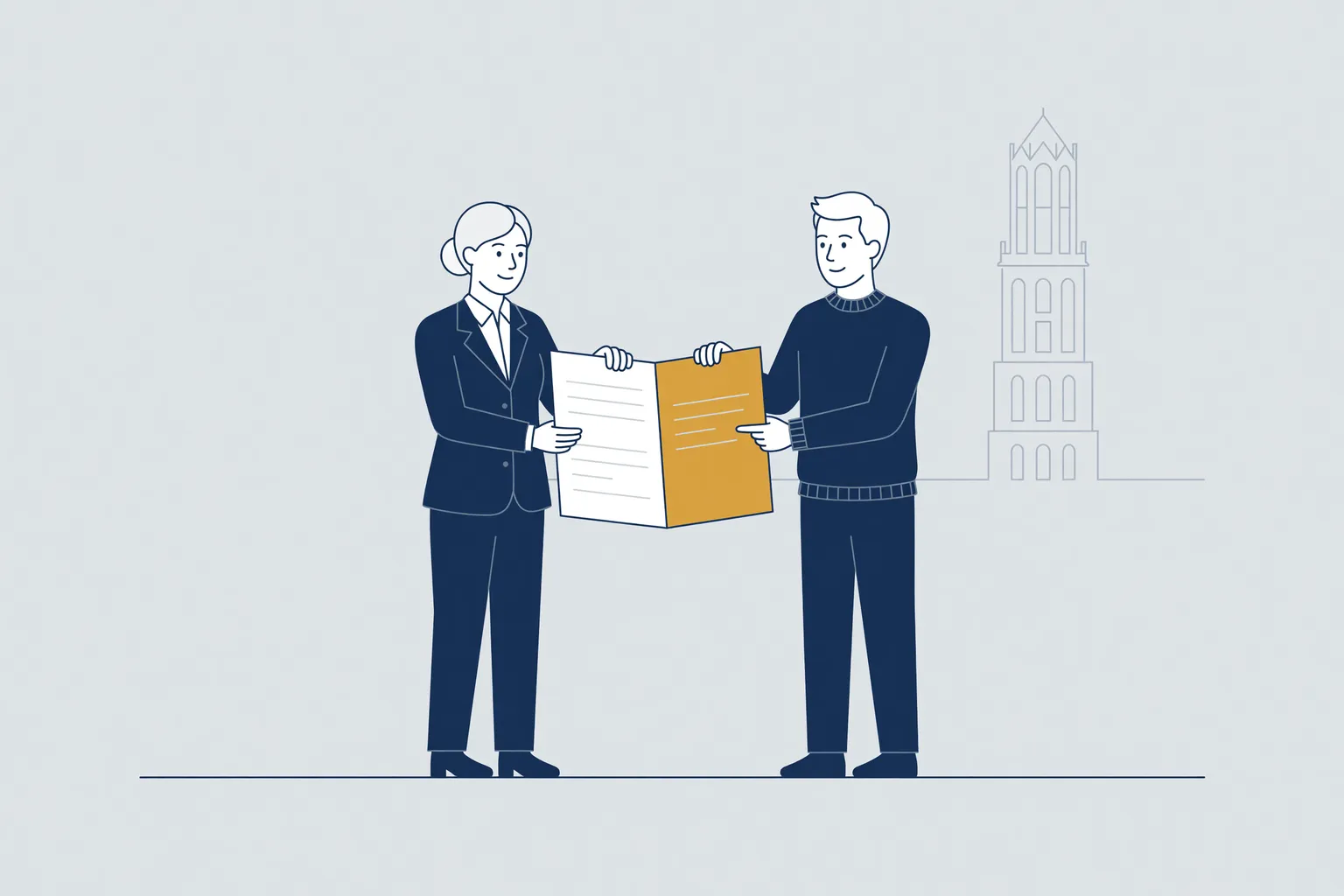 Illustratie van een arbeidsrechtadvocaat die met een werknemer een arbeidscontract doorneemt, met de Domtoren in Utrecht op de achtergrond.