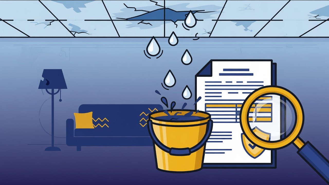 Tavandan sızan su, bir kova ve büyüteç altında bir sigorta poliçesi