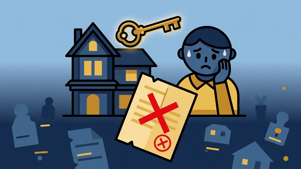 Rejected request with a cross next to a house and a key