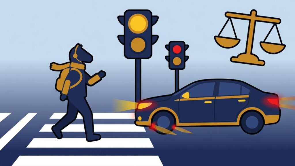 Voetganger steekt over op een zebrapad terwijl een auto afremt