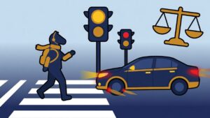Voetganger steekt over op een zebrapad terwijl een auto afremt