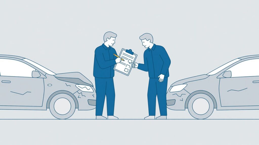 Twee automobilisten vullen samen het schadeformulier in tussen hun beschadigde auto’s