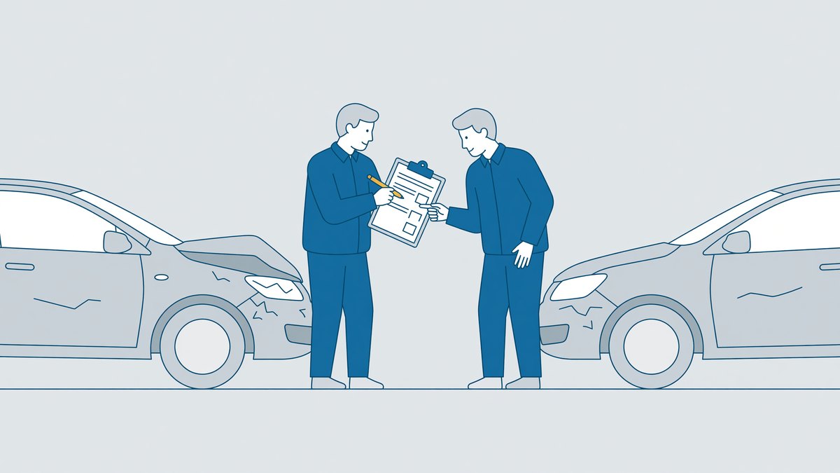 Twee automobilisten vullen samen het schadeformulier in tussen hun beschadigde auto’s