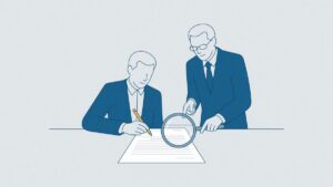 Werknemer zet een handtekening terwijl een advocaat de vaststellingsovereenkomst naleest