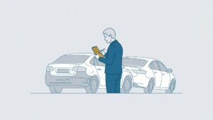 Getuige noteert het kenteken van een wegrijdende auto naast een beschadigde auto