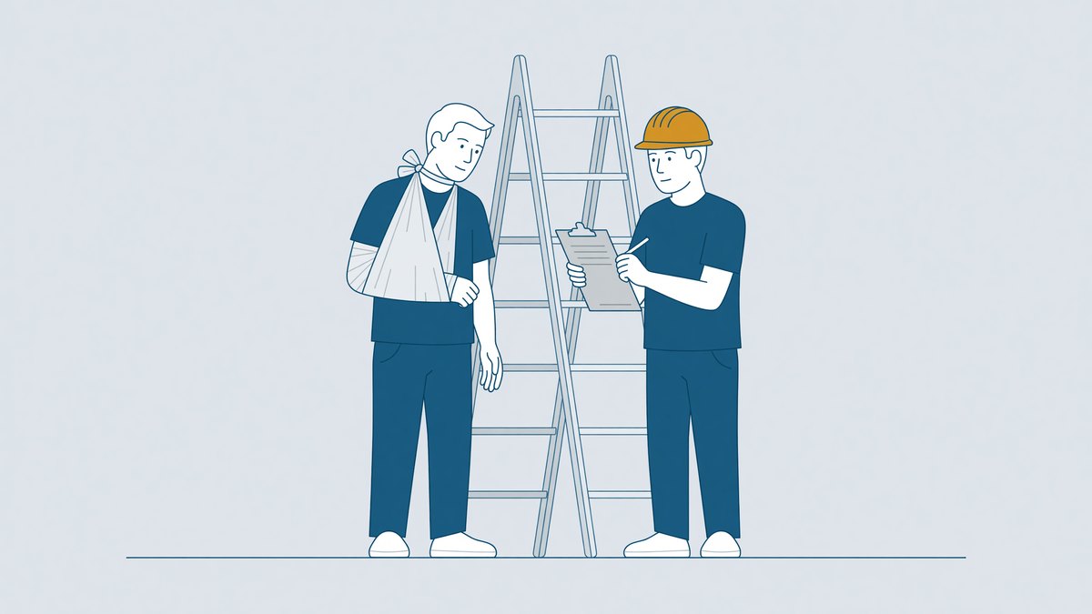 Werknemer met arm in mitella bij een ladder terwijl de leidinggevende het bedrijfsongeval noteert