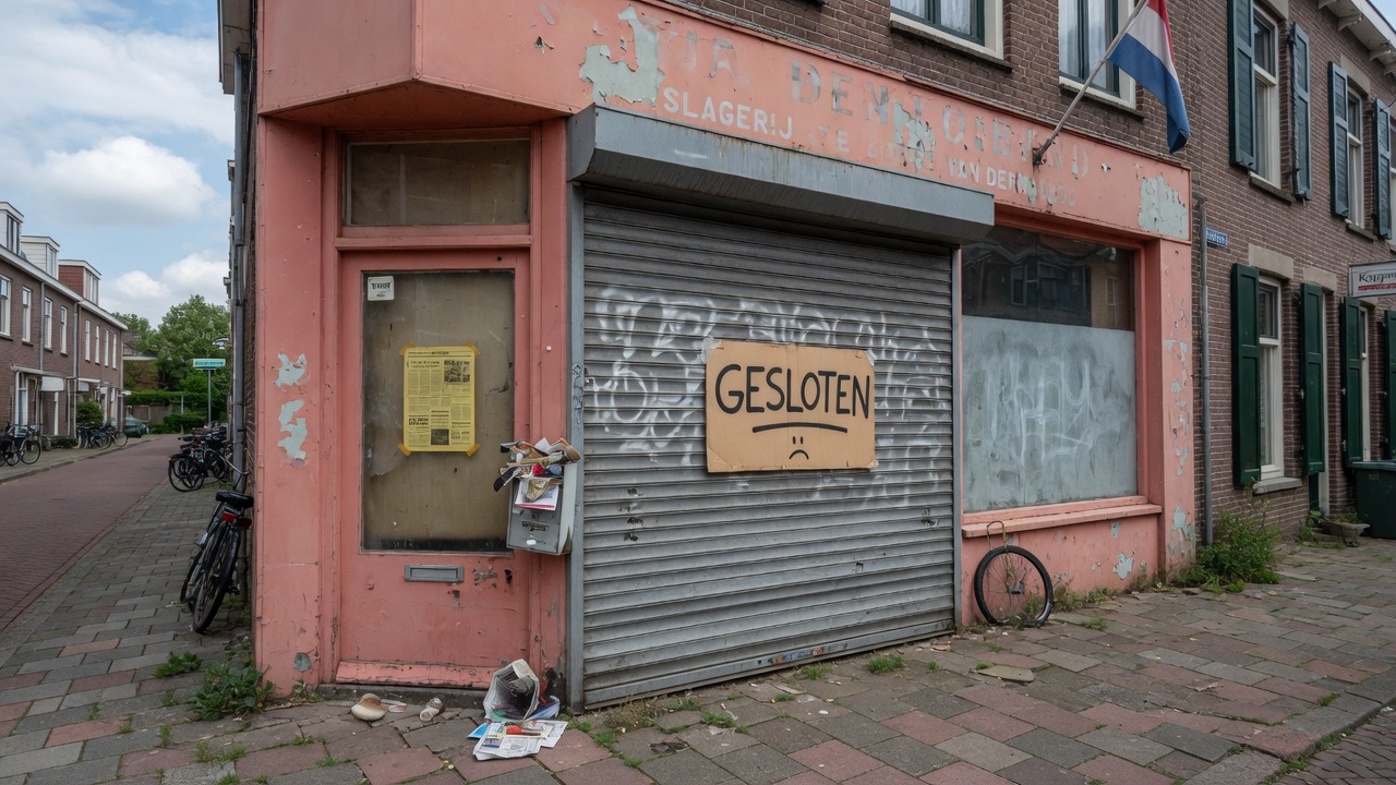 Gesloten winkelpand met rolluik en een bordje 'gesloten' in een Nederlandse straat