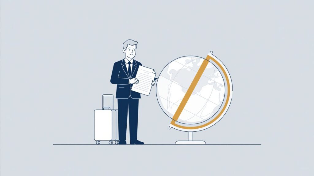 Illustratie: gedetacheerde expat met koffer, wereldbol en arbeidsovereenkomst bij grensoverschrijdende detachering