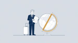 Illustratie: gedetacheerde expat met koffer, wereldbol en arbeidsovereenkomst bij grensoverschrijdende detachering