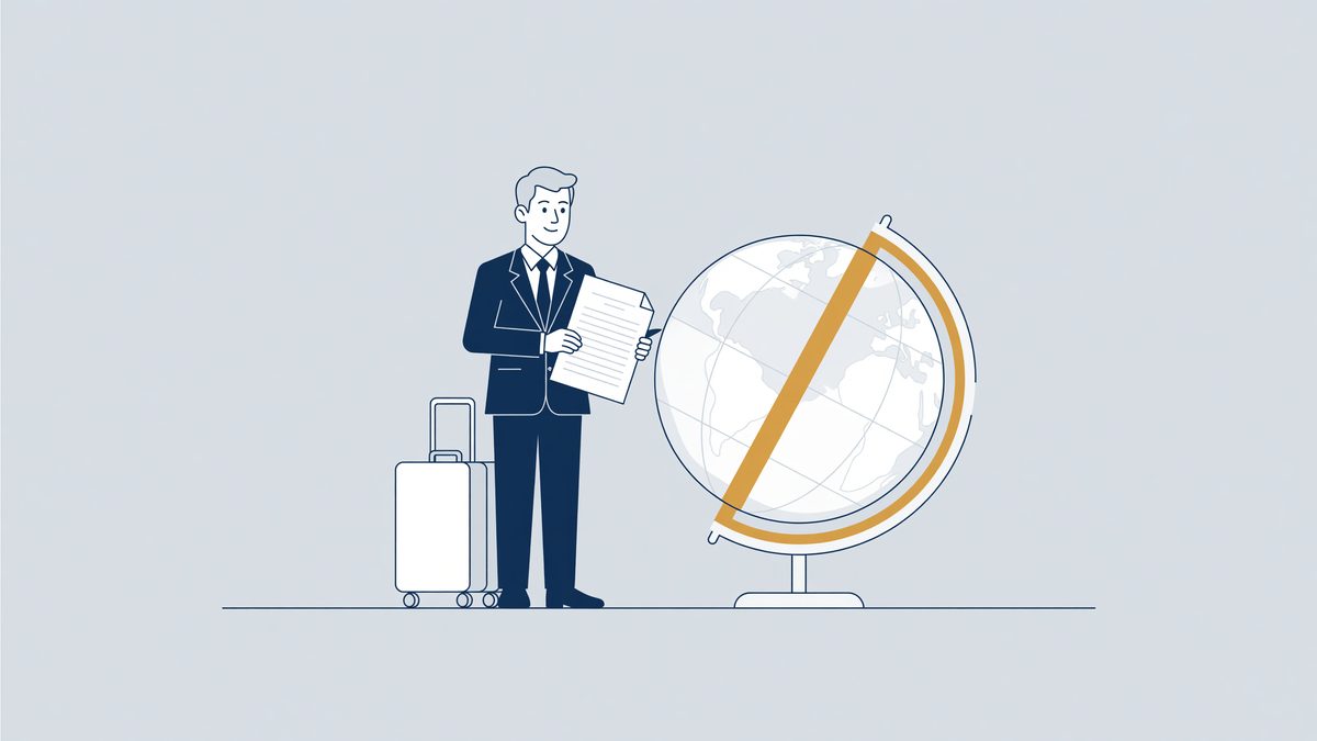 Illustratie: gedetacheerde expat met koffer, wereldbol en arbeidsovereenkomst bij grensoverschrijdende detachering