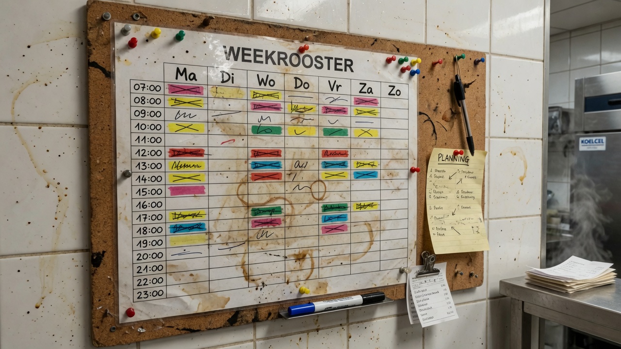 Werkrooster met uren op een prikbord in een keuken