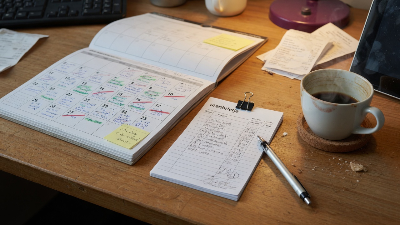 Kalender en urenoverzicht op een bureau