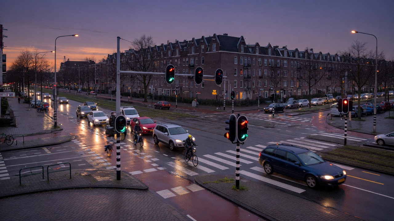 Druk kruispunt in de schemering, symbool voor gevaarlijk rijgedrag