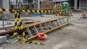 Omgevallen ladder en helm op een bouwplaats na een bedrijfsongeval