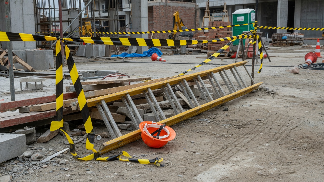 Omgevallen ladder en helm op een bouwplaats na een bedrijfsongeval