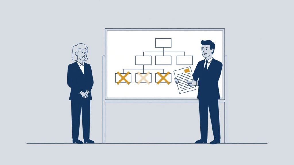 Illustration: an organisation chart with cancelled positions and a UWV dismissal application, dismissal on economic grounds