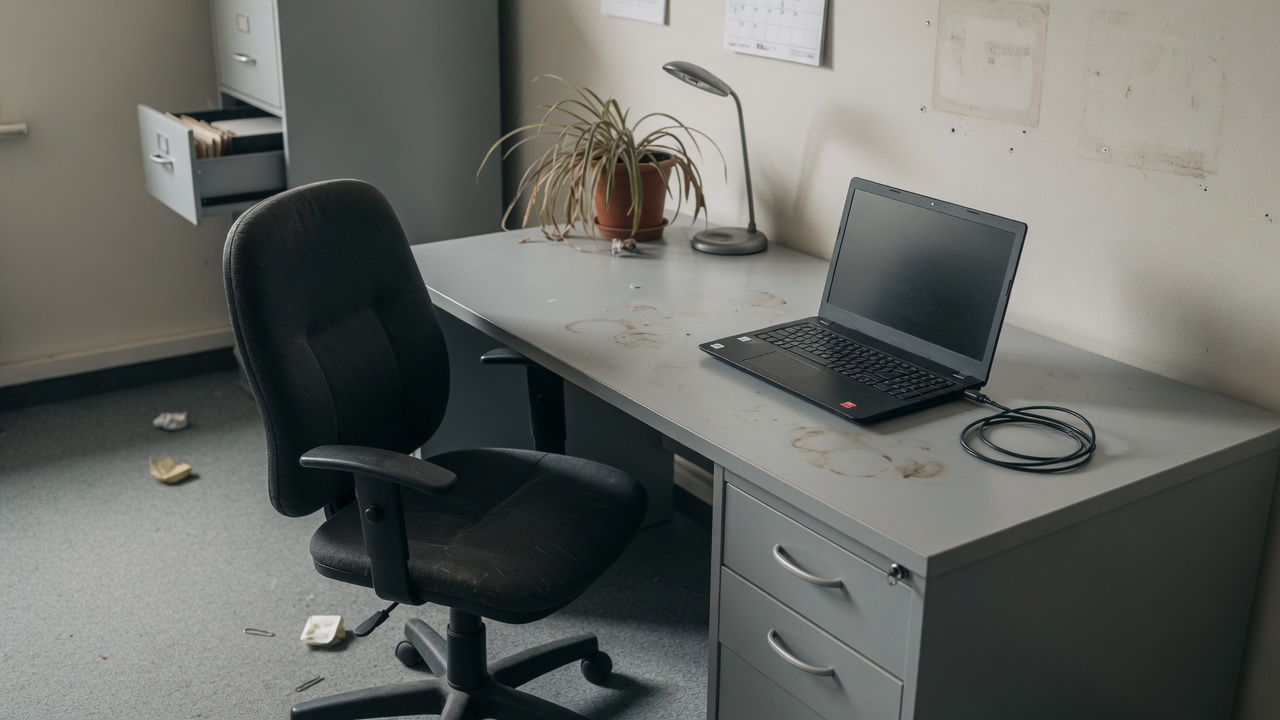 Leeg bureau met dichtgeklapte laptop tijdens een non-actiefstelling