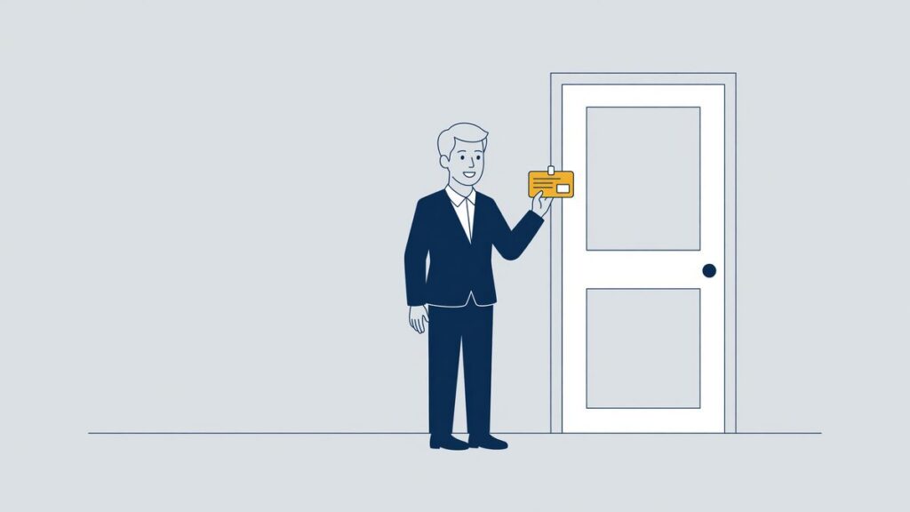 Illustration: a suspended employee with an access badge in front of a closed office door