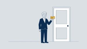 Illustratie: geschorste werknemer met toegangspas voor een gesloten kantoordeur