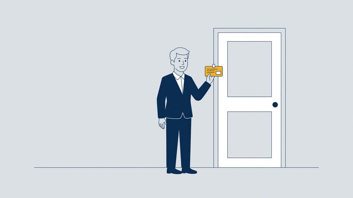 Illustratie: geschorste werknemer met toegangspas voor een gesloten kantoordeur