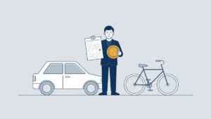 Illustratie: werknemer met declaratieformulier tussen een auto en een fiets voor de reiskostenvergoeding