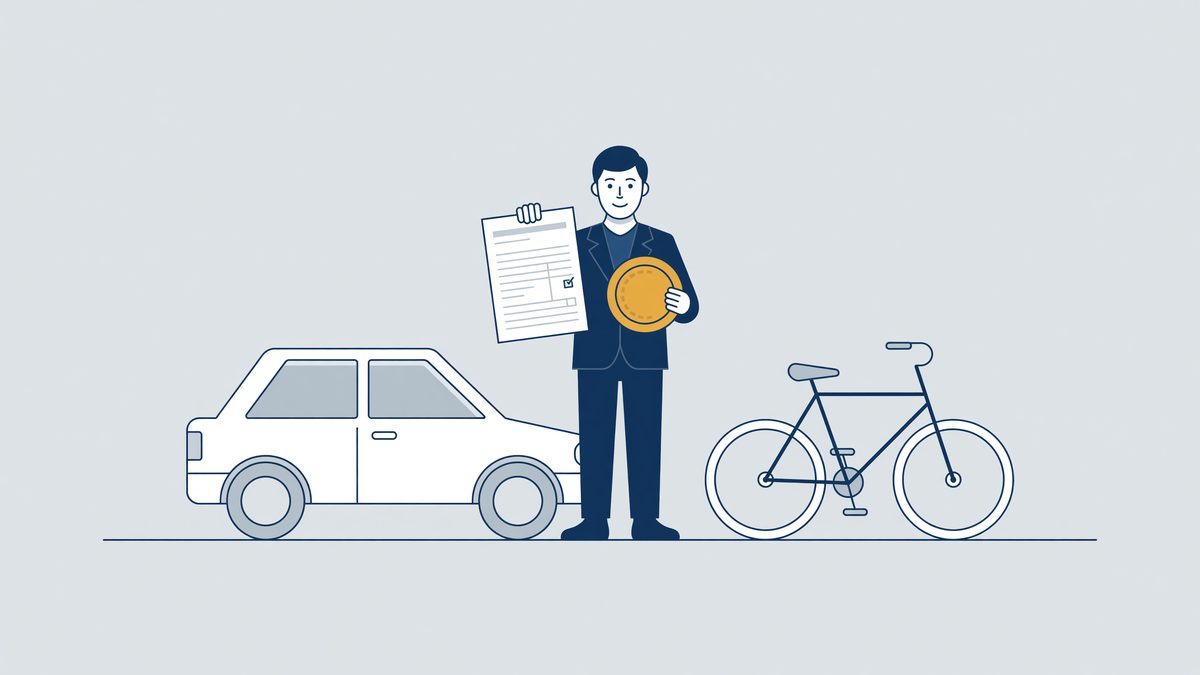 Illustratie: werknemer met declaratieformulier tussen een auto en een fiets voor de reiskostenvergoeding