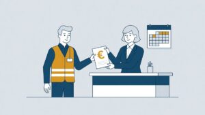 Uitzendkracht ontvangt aan een balie een document over zijn transitievergoeding