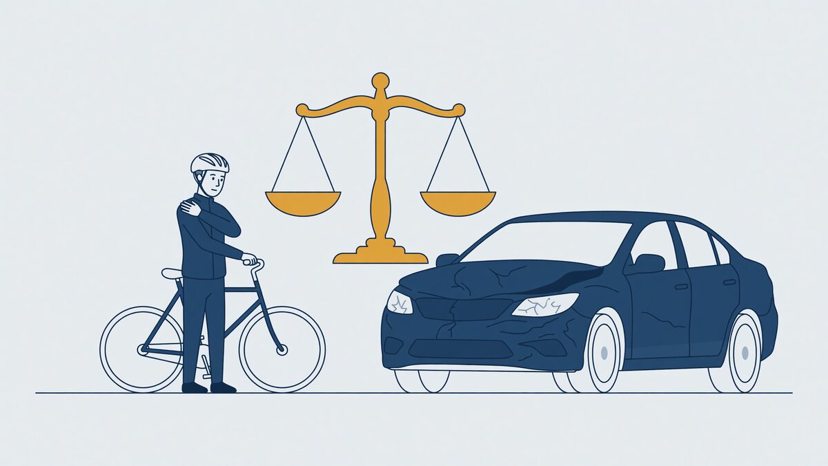 Fietser naast een beschadigde auto, met een weegschaal als symbool voor aansprakelijkheid