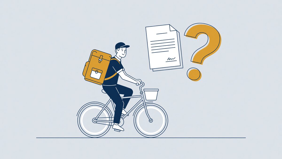 Maaltijdbezorger op de fiets met daarachter een contract en een vraagteken