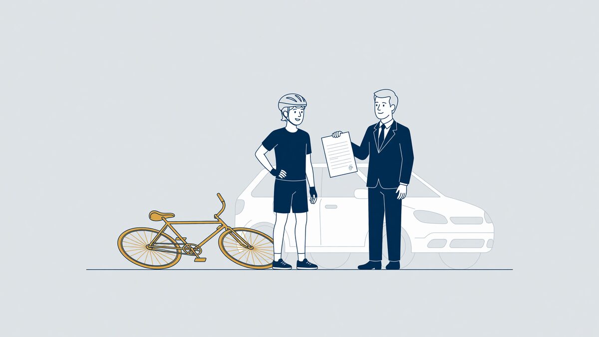 Fietser met omgevallen fiets naast een auto en een letselschadeadvocaat met schadeformulier