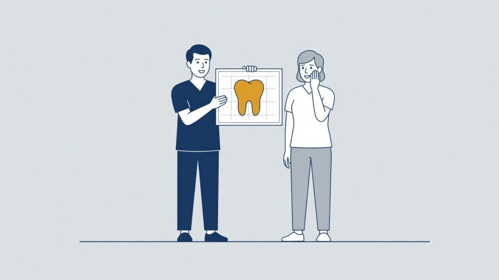 Tandarts toont een rontgenfoto aan een patient met kaakklachten na een medische fout