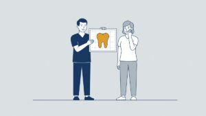 Tandarts toont een rontgenfoto aan een patient met kaakklachten na een medische fout