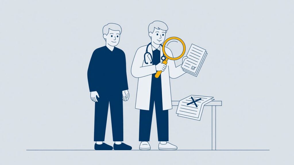 Arts bekijkt een medisch dossier met een vergrootglas na een verkeerde diagnose