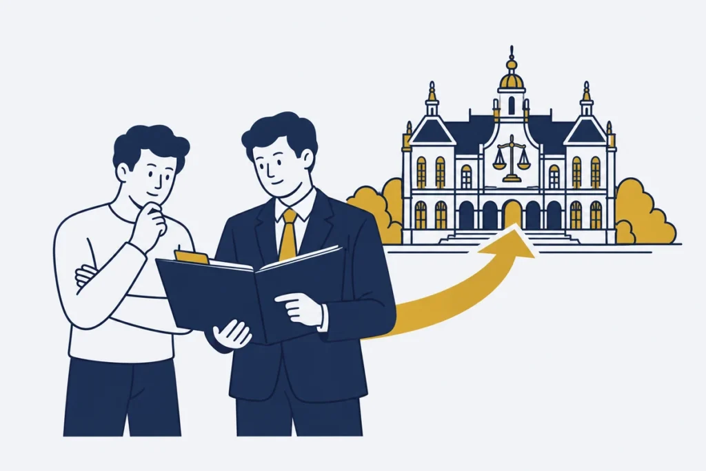 Klager en advocaat bekijken een dossier met een gouden pijl naar een gestileerd Nederlands gerechtsgebouw.