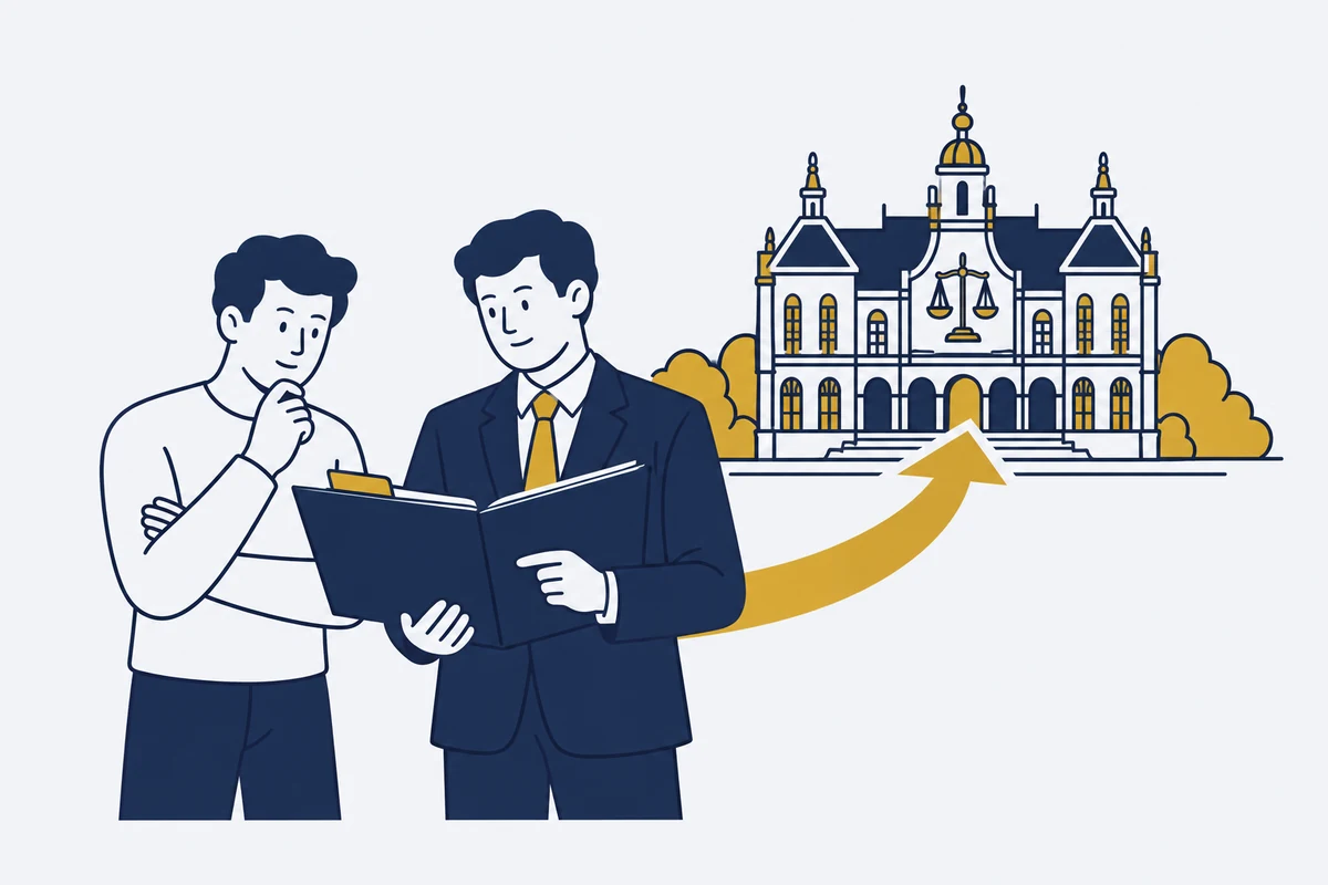Klager en advocaat bekijken een dossier met een gouden pijl naar een gestileerd Nederlands gerechtsgebouw.