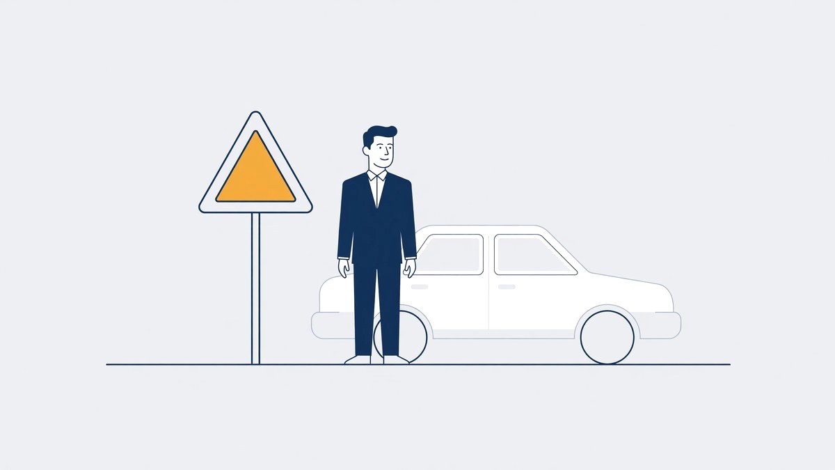 Illustratie bij artikel 5 WVW: automobilist naast zijn auto bij een waarschuwingsbord langs de weg