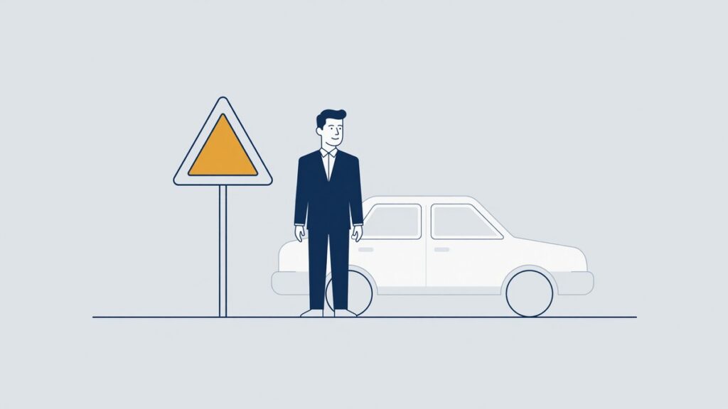 Illustratie bij artikel 5 WVW: automobilist naast zijn auto bij een waarschuwingsbord langs de weg