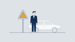 Illustratie bij artikel 5 WVW: automobilist naast zijn auto bij een waarschuwingsbord langs de weg