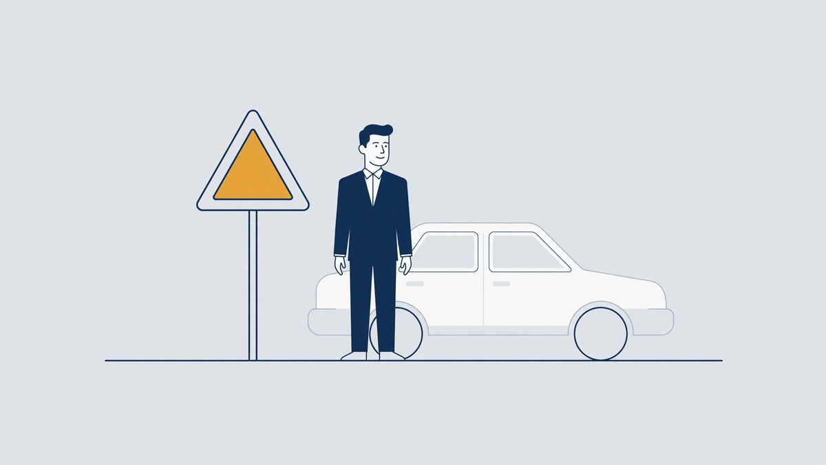 Illustratie bij artikel 5 WVW: automobilist naast zijn auto bij een waarschuwingsbord langs de weg