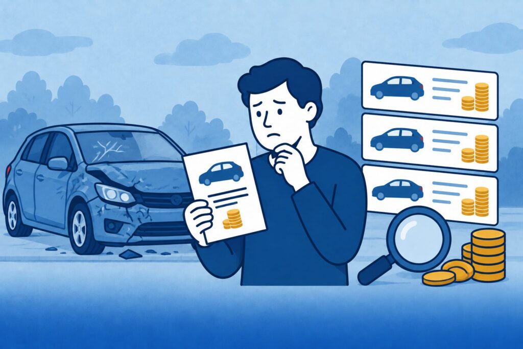 Automobilist vergelijkt de taxatie van zijn beschadigde auto met andere auto's.