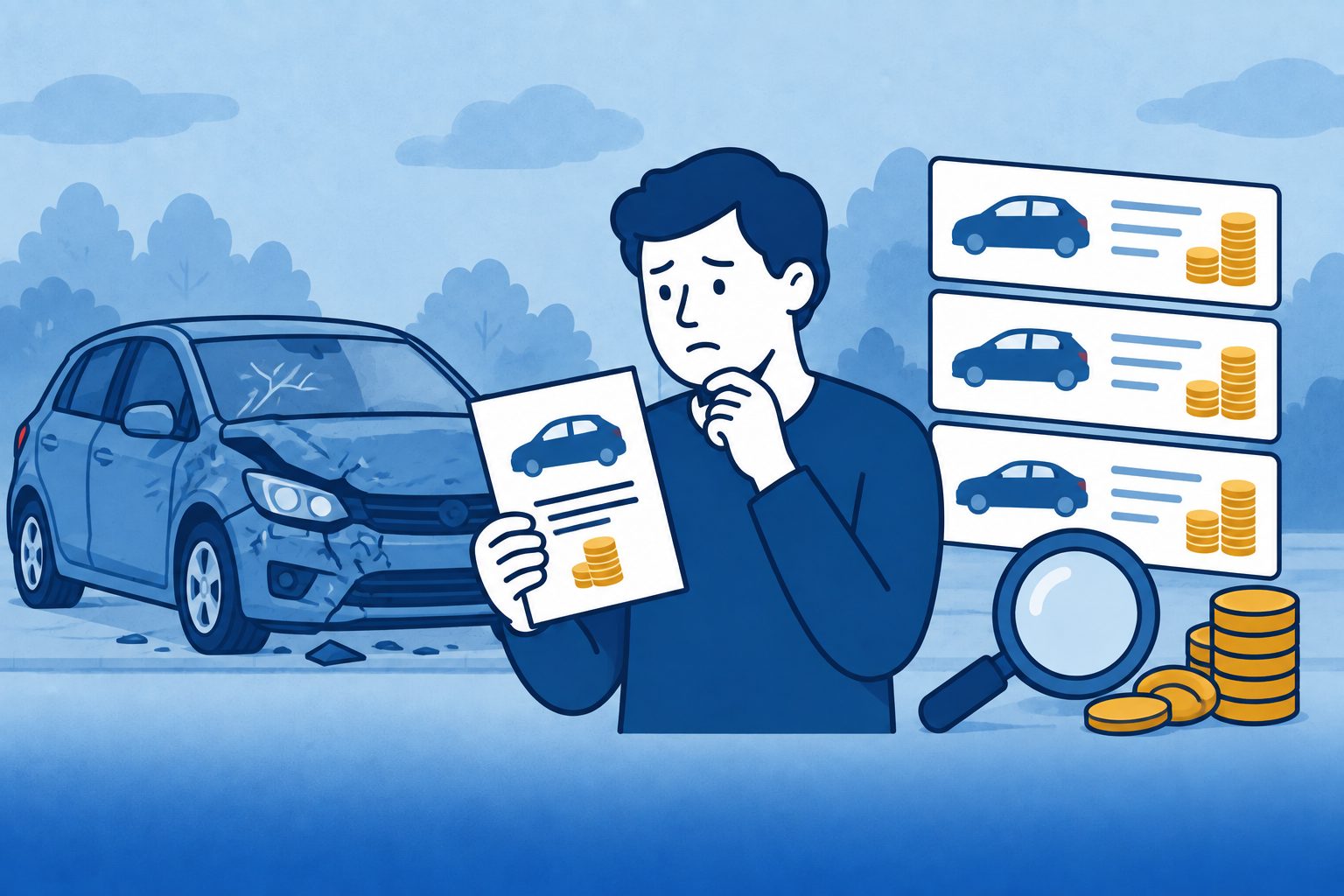Automobilist vergelijkt de taxatie van zijn beschadigde auto met andere auto's.