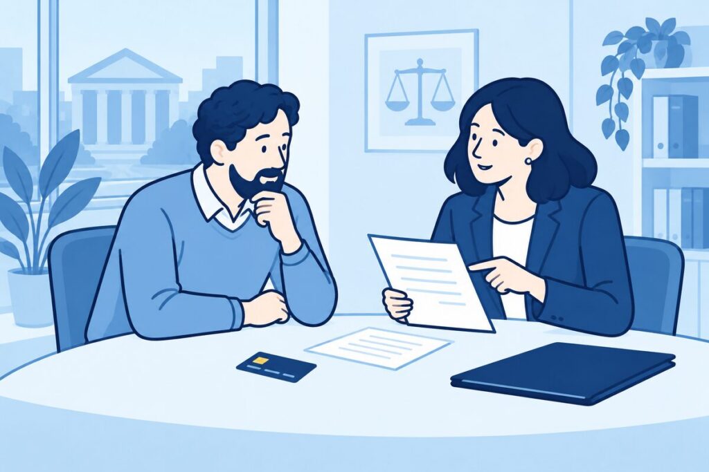 Bankklant bespreekt een brief over rekeningopzegging met een advocaat.