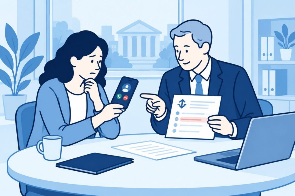 Cliënt en advocaat bekijken een verdacht telefoongesprek en overboeking.