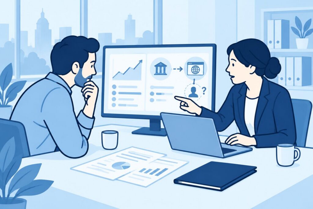 Belegger en advocaat onderzoeken een online platform en bijbehorende betaling.