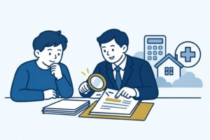 Cliënt en advocaat onderzoeken een dossier met symbolen voor financiële, medische en vastgoedberoepen.